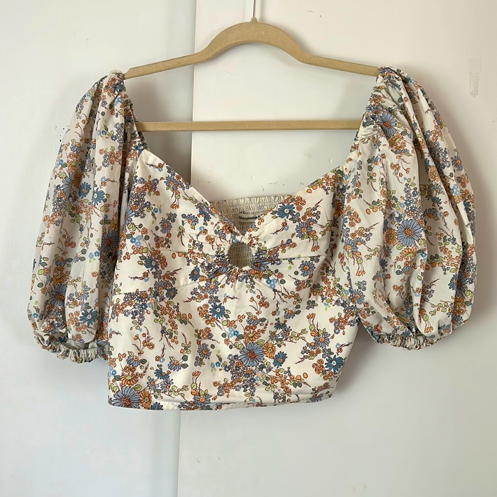 Blue, tan, and orange floral peasant top